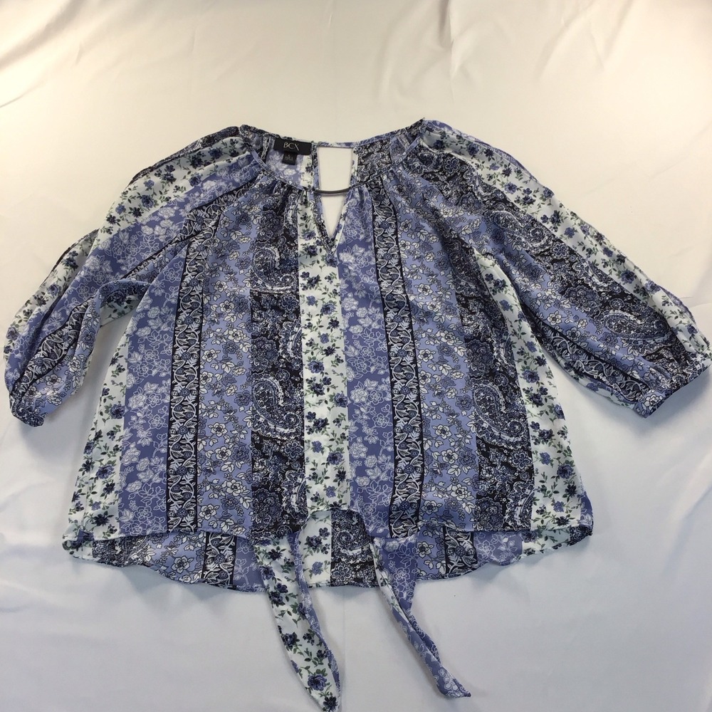 BCX Blue Floral V-Neck Tie Front Cold Shoulder 3/4 Sleeve Blouse L